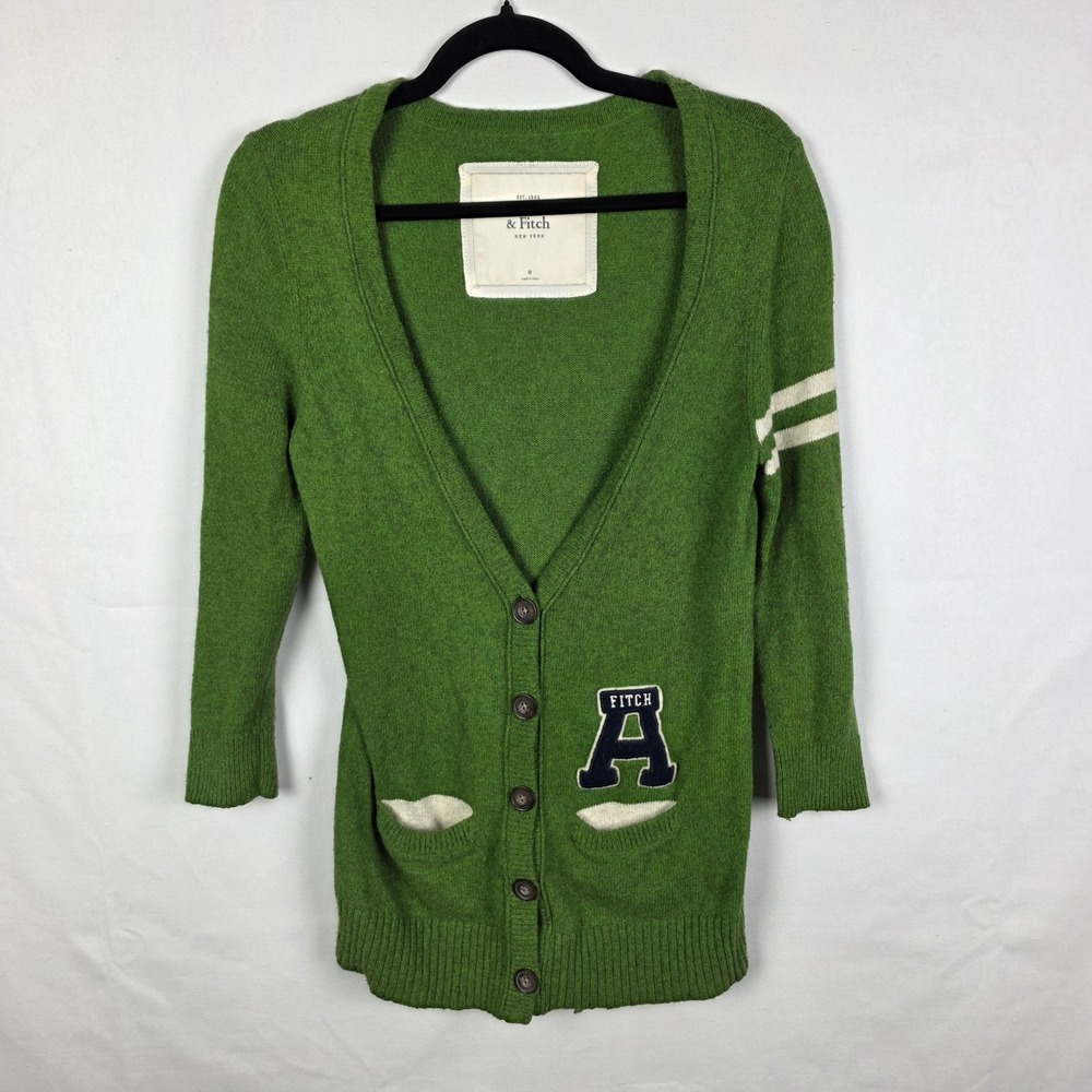 Abercrombie & Fitch Green Varsity Cardigan Letterman Patch Sweater Womens M
